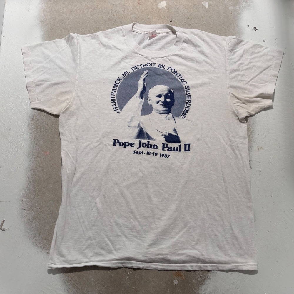 Vintage 1987 Pope John Paul II Detroit Pontiac Silverdome Hanes T-Shirt XL White